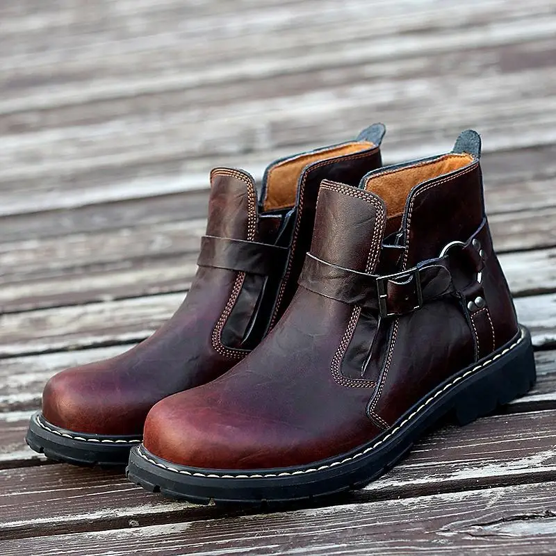 Men Vintage Motorcycle Ankle Boots Genuine Leather Western Knight Cowboy Boots Belt Buckle High Quality Chelsea Work Safety Shoe