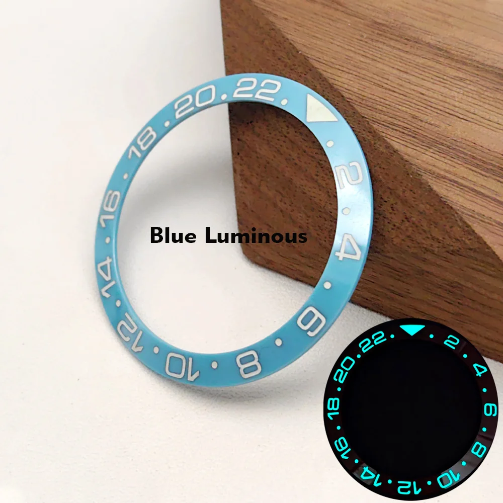 Blue Luminous Curved Ceramic Watch Bezel Insert, 38mm GMT Style