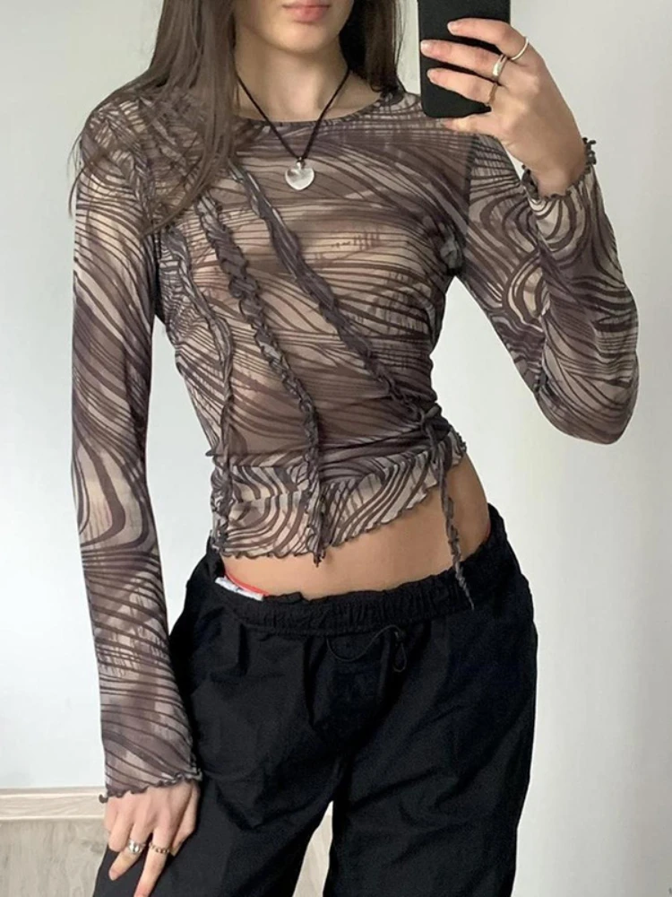 

Ins Spring Vintage Mesh Splice Perspective Thin Wood Ear Edge Inner Style Slim Fit Sun Protection Bottom Top