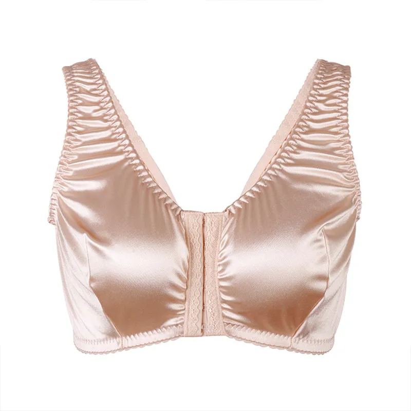 

Women Large Size Full Coverage Bra Comfort and Support Satin Bra Imitated Silk No Padded Wireless Front Closure Vest Underwear