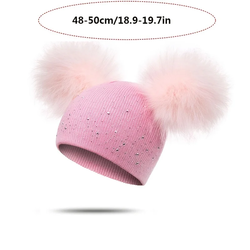 Double Haired Ball Children's Hat, Cute Girls' Diamond Inlaid Pullover Hat, Knitted Winter Hat