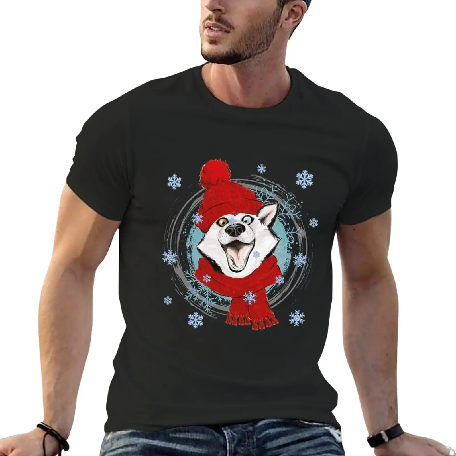 

Happy winter husky in warm hat and scarf. T-Shirt korean fashion boys whites blacks men clothing