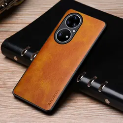 Luxury Vintage Leather Skin Phone Case Cover for Huawei P50 Pro (Yellow)