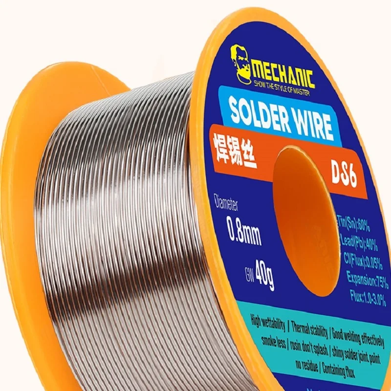 Soldering Wire Soldering Tin Wire MECHANIC DS6 40g Solder Wire 0.3/0.4/0.5/0.6/0.8mm High Purity No-clean Mild Rosin Core 210℃ Melting Point Soldering Flux 1-3%
