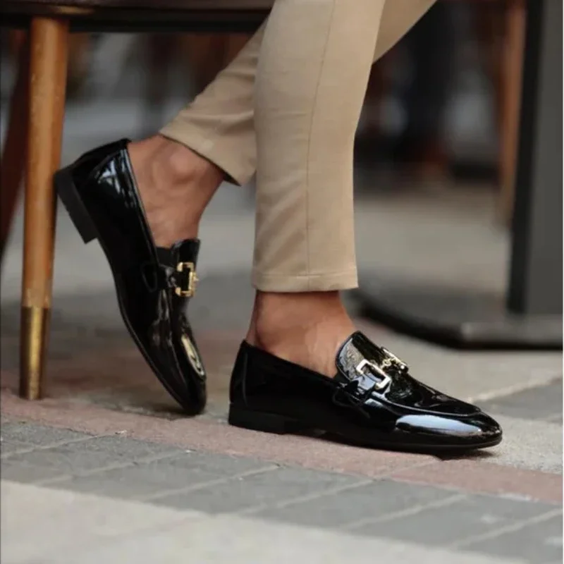 New Loafers Metal Decoration Slip-On Breathable Wedding Black Pu