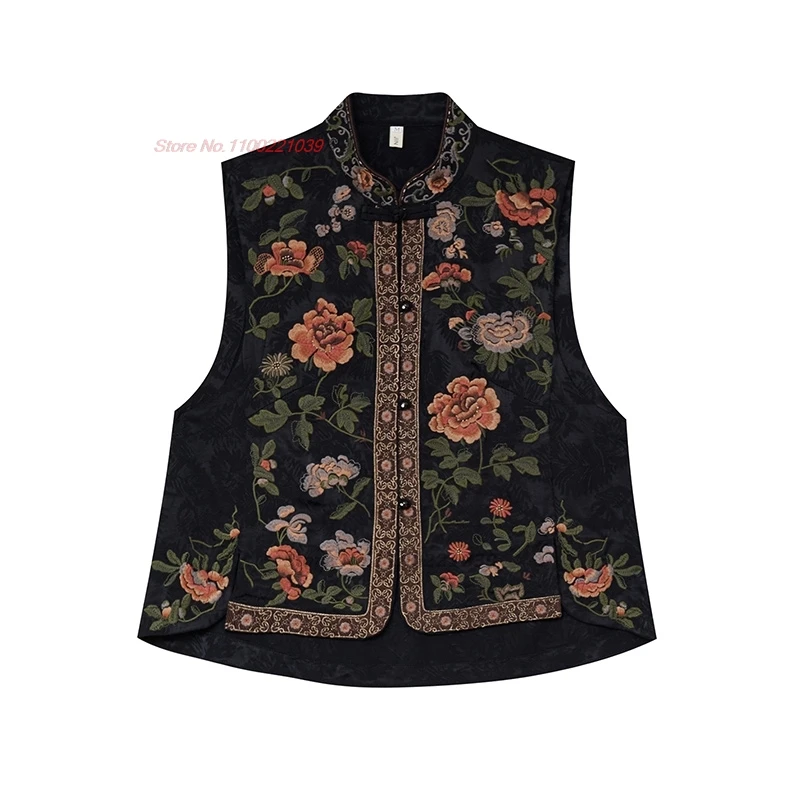 2025 national flower embroidery satin jacquard vest chinese 