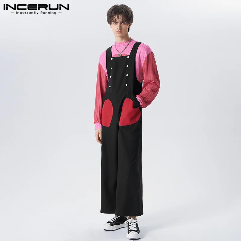 

INCERUN Men Jumpsuits Patchwork Sleeveless Fashion Casual Loose Straps Rompers Streetwear 2023 Men Wide Leg Pants Overalls S-5XL