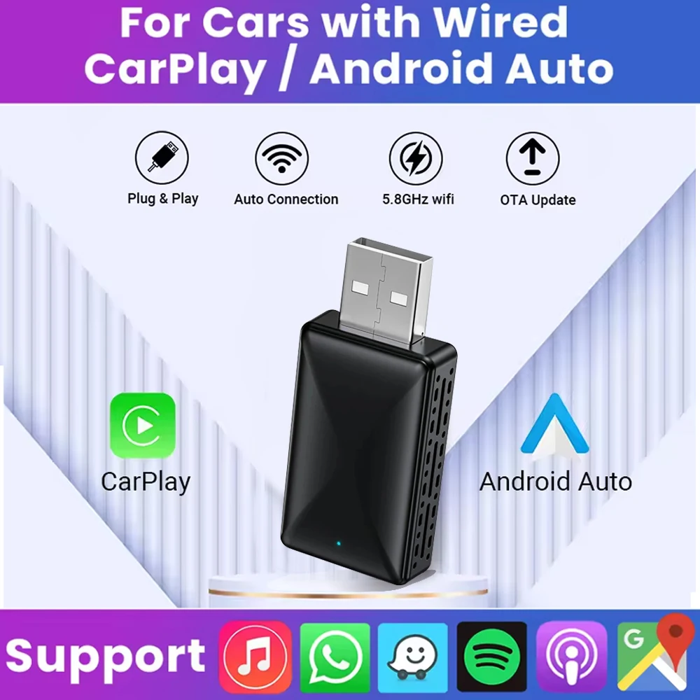 유선-무선 카플레이 안드로이드 자동 어댑터, USB 플러그 앤 플레이, OEM 자동차 스테레오용, 2 인 1