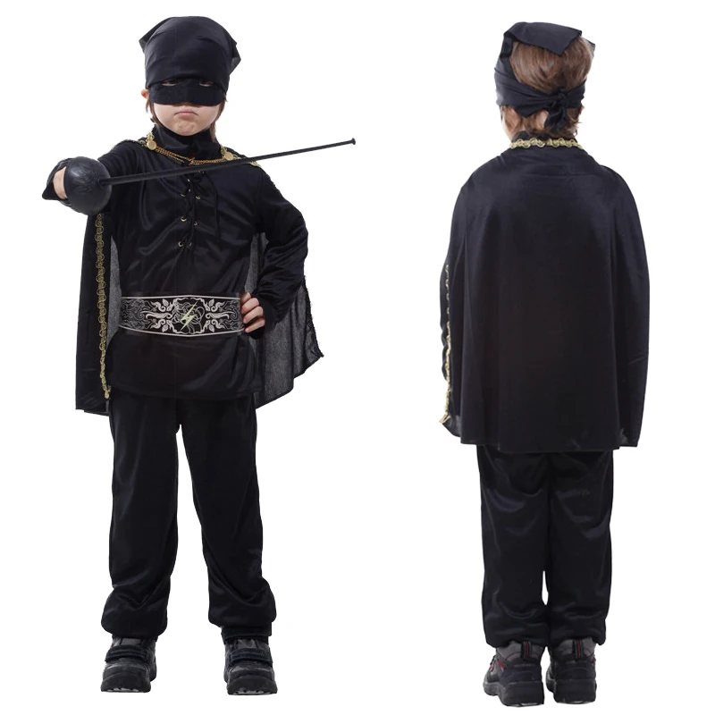 Boys Zorro Costumes Alain Delon R.I.P Movie Character Swordman Cosplay Suit Outfits with Black Cloak Headwear Eye Patch