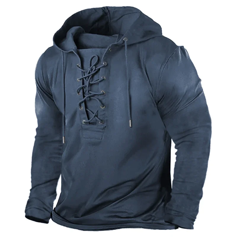 Men's Summer Tactical Long Sleeve T-Shirt Outdoor Retro Lace Up Hooded Cool Tops Plus Size Printed Hiking Fishing Hoodie Men