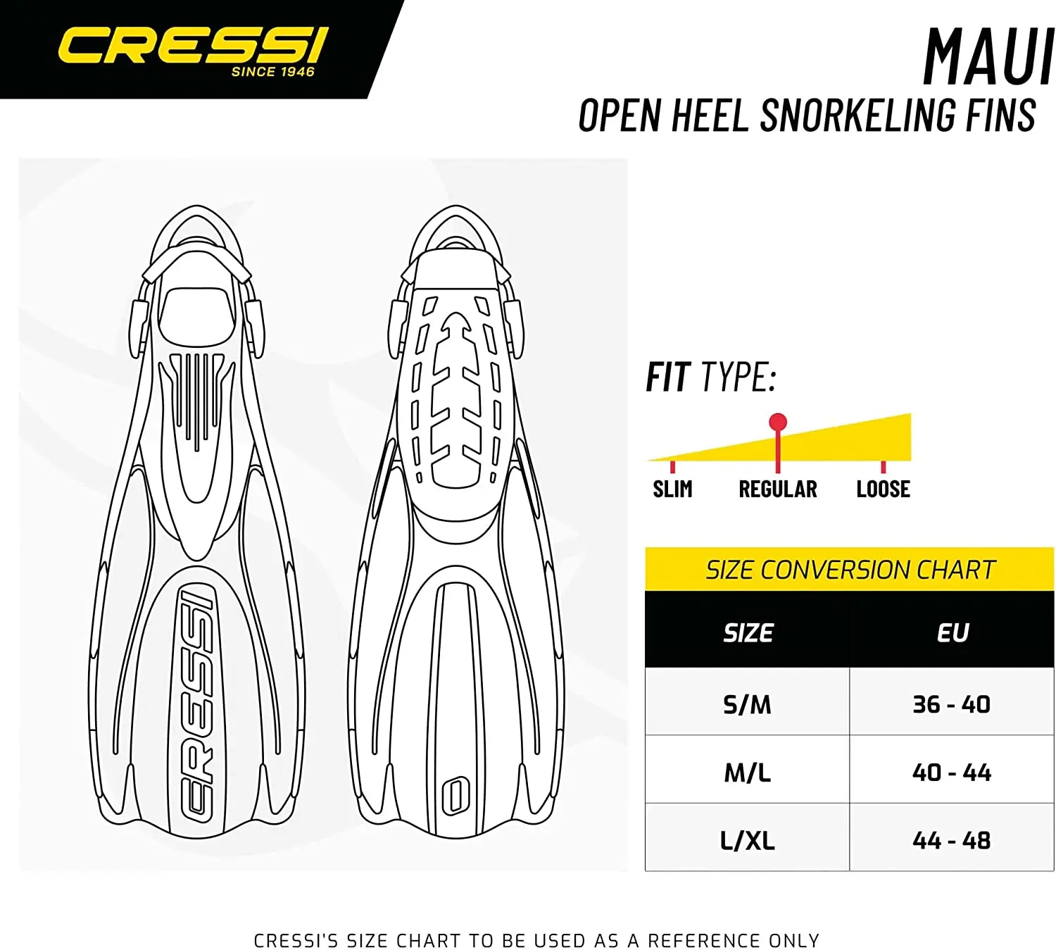 Cressi Reaction EBS – Pinne Da Sub Tacco Aperto Donna, Tecnologia Triplo Materiale, Pala Lunga E Leggera, Con Cinghiolo EBS