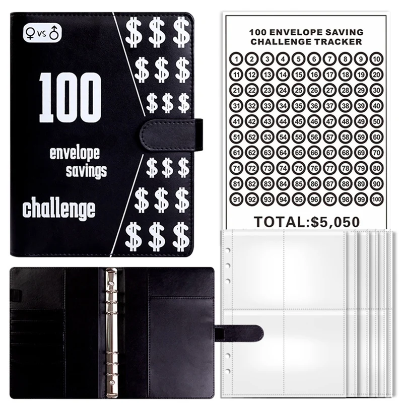 

100 Envelope Challenge Binder, A5 Savings Binder With Cash Envelopes,Budget Binder For Planning And Saving Black Durable