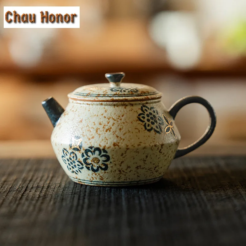 110ml Blue And White Flint Red Teapot Vintage Gold Drawing Embroidered Ball Flower Pot Tea Making Kettle Tea Items Decoration