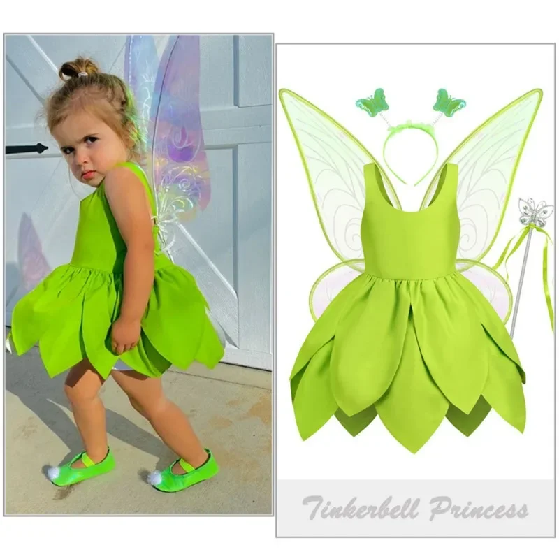 Halloween Tinker Bell Fairy Dress Baby Girl Fantasy Forest Elf Cosplay Costume Kids Green Leaf Glitter Gowns Child xtmas Outfits