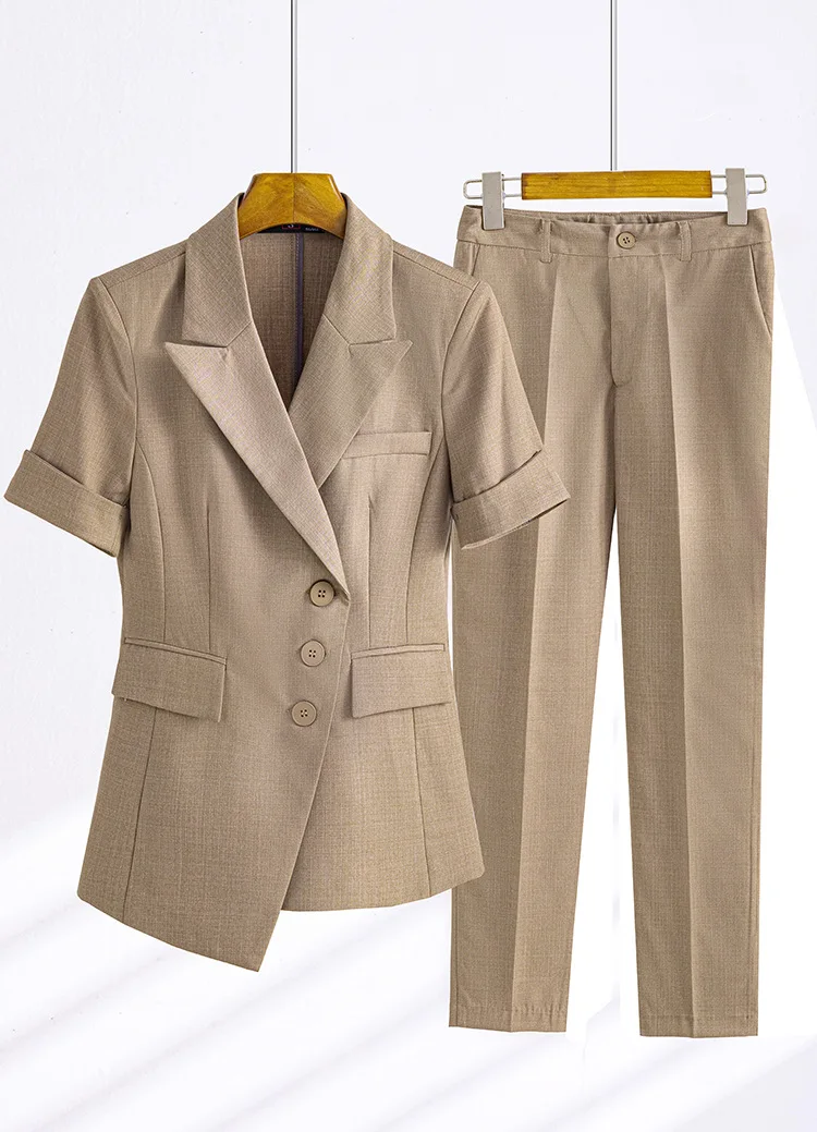 Elegant Women Formal Pants Sets Khaki Blue Summer Short Sleeve Blazer Trousers 2 Piece Set Chic Office Ladies Business Suit