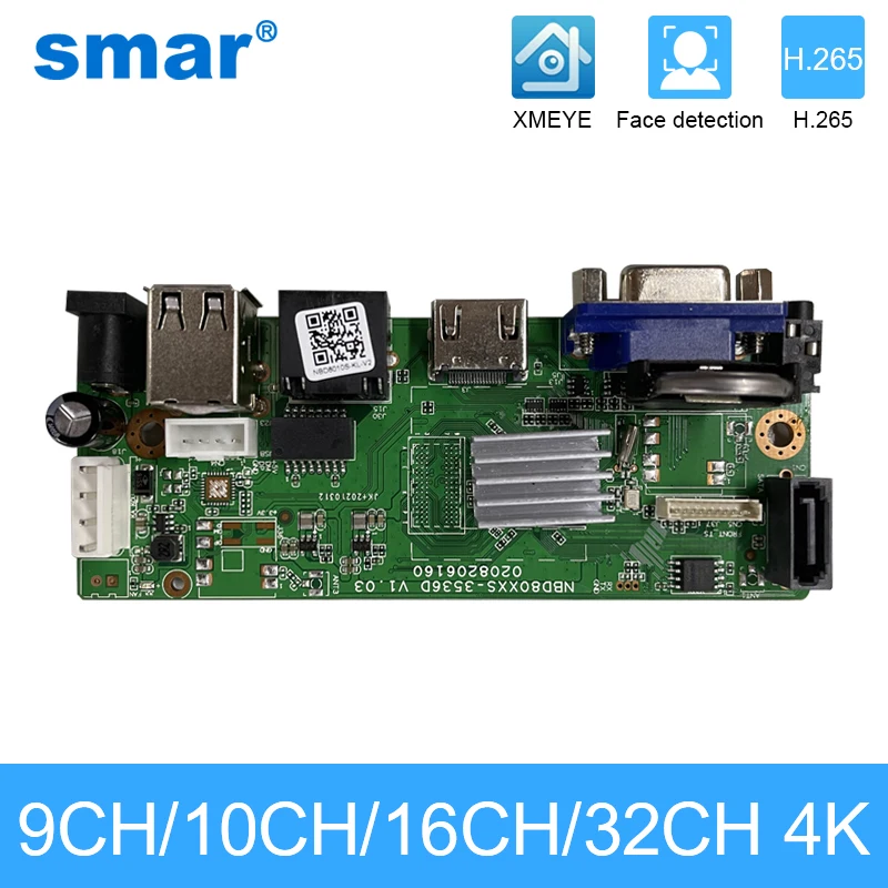 Network Video Recorder Smar CCTV 9CH 10CH 16CH 32CH 4K NVR Motherboard H.265+ For 5MP 8MP IP Camera Support Face Detection ONVIF