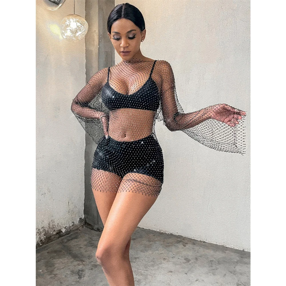 

Vintage Diamond Rhinestone Summer Women Sexy Bikini Cover Up Mesh Fishnet Swimsuit Swimwear 2023 Dress Bathing Beachwear