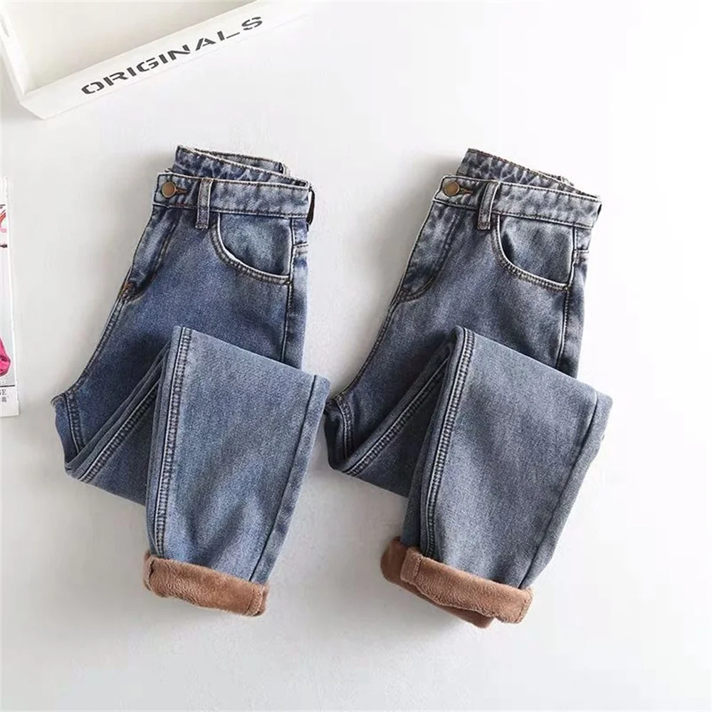 2022 Winter Cashmere Super Warm Jeans Women Mid Waist Snow Wear Thick Plus Velvet Denim Pants Casual Blue Skinny Pencil Vaqueros