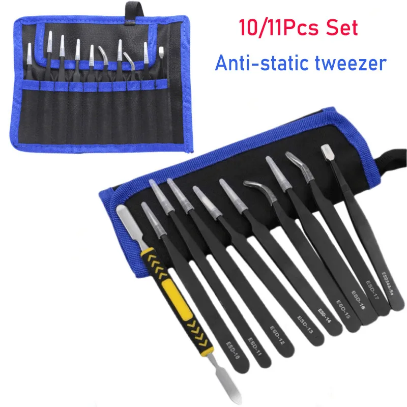 

10/11pcs Set Industrial Tweezers Anti-static ESD Stainless Steel Precision Curved Straight Tweezers Repair Maintenance Tools