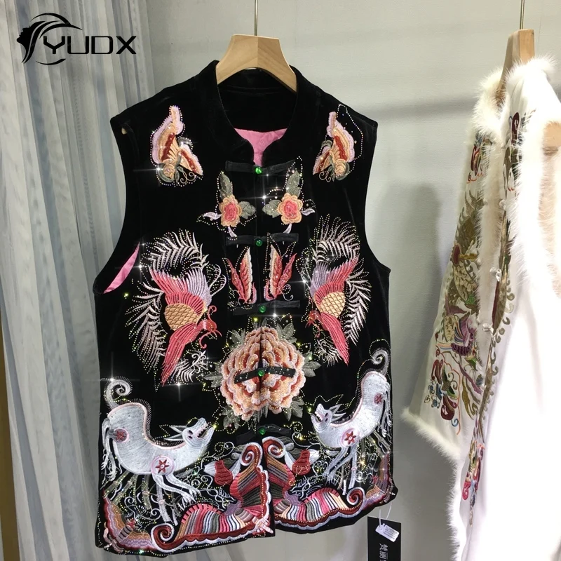 

YUDX Thicken Quilted Cotton Women Waistcoat Chinese Wind Sleeveless Jackets Sand Collar Frog Embroidery Hot Drilling Vests Coat