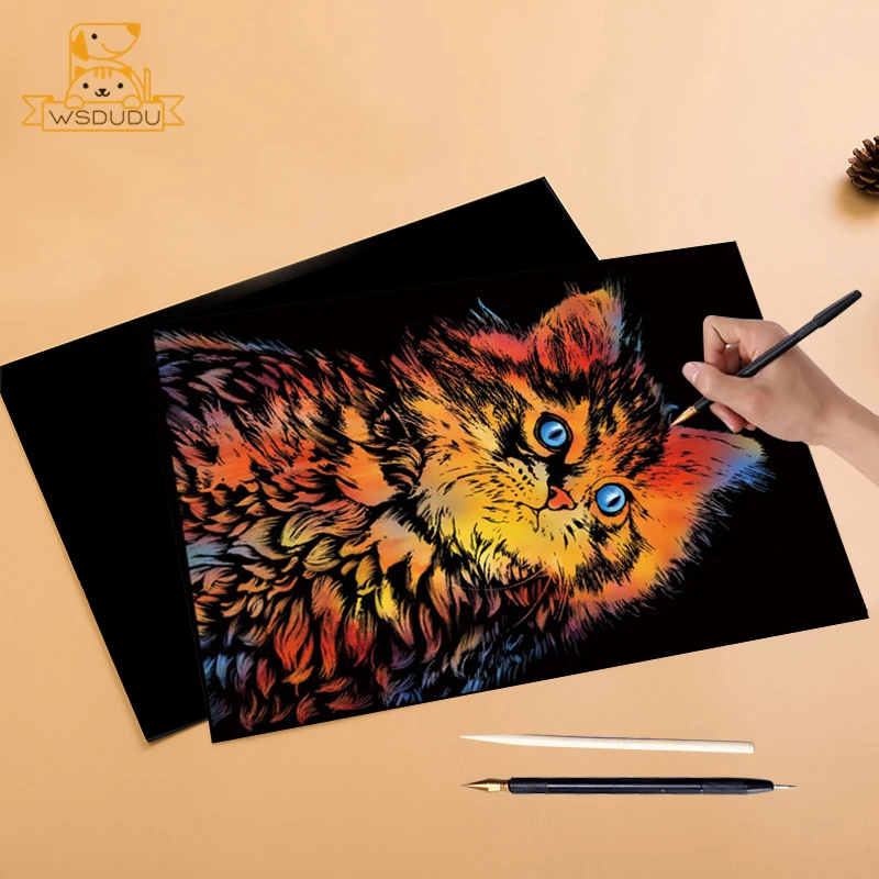 Scratch Art Paper Set 2 Sheets Animal Scratch Art Paper Set with Stylus DIY Rainbow Craft Lion Unicorn Cat Dog Painting Toy Creative Kids Adults Gift