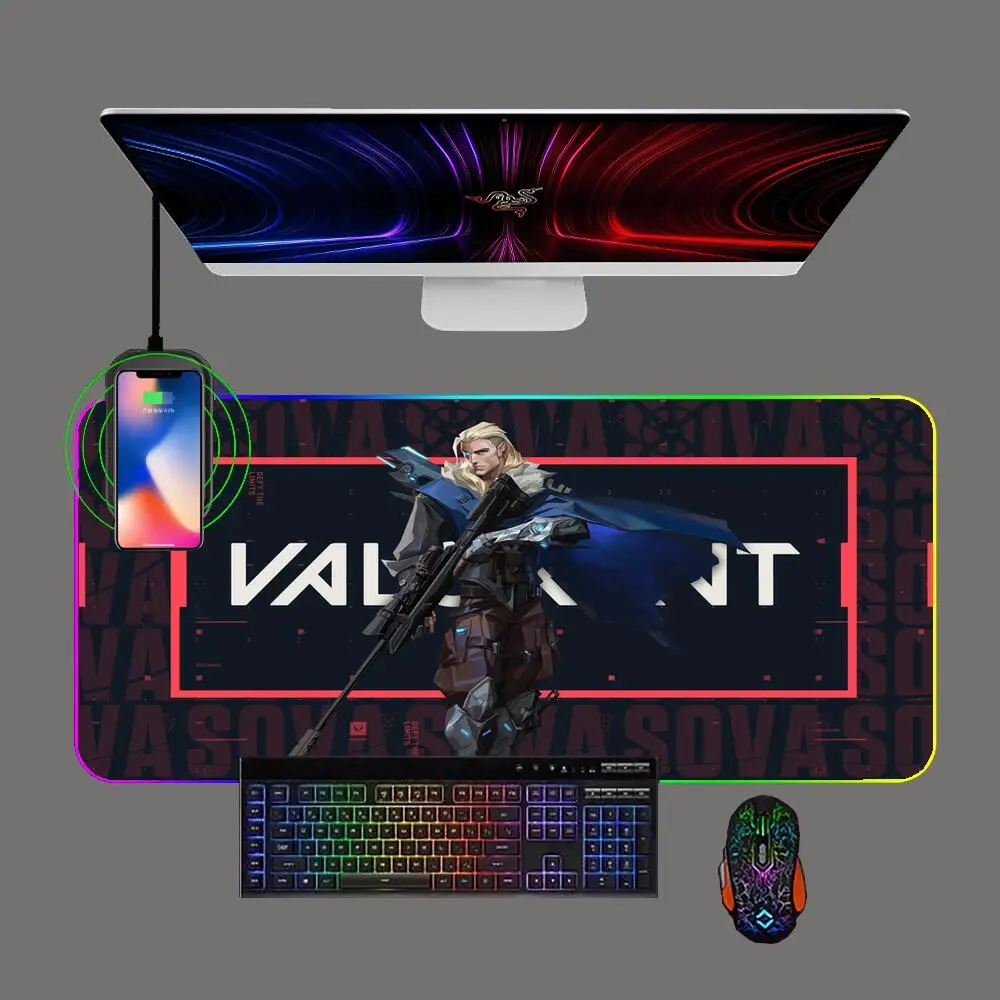 

RGB Red Valorant Gaming Mouse Pad Phone Wireless Charging with Backlit Pc LED Keyboard Mat Gamer Computer Mousepad Table Mats