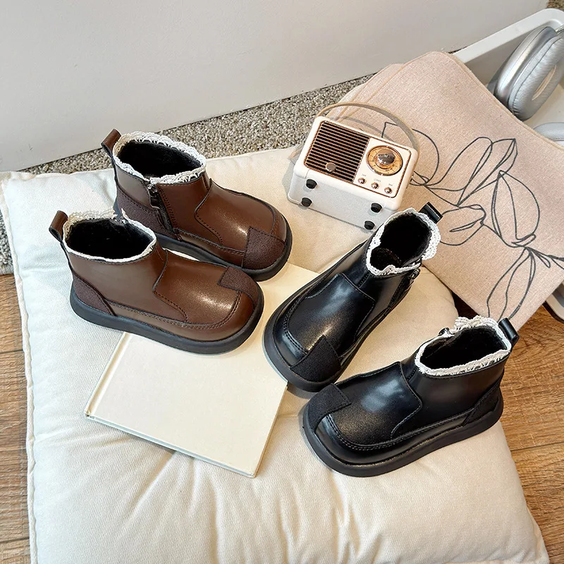 Kids Princess Boots with Cotton Girls Short Boots with Sweet Lace Non-slip 2025 Autumn Winter New Children Ankle Boots Elegant