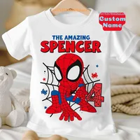 Summer 2025 Kid 2 3 4 5 6 7 8 Marvel Spiderman Girl Birthday Short Sleeve Shirt Spider-Man Boy Personalize Name Birthday Clothes 1
