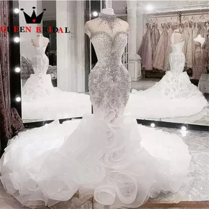Exquisite Beaded Crystals Wedding Dresses 2023 High Neck Mermaid Ruffles Train Bridal Gowns Vestidos De Novia Custom L33W