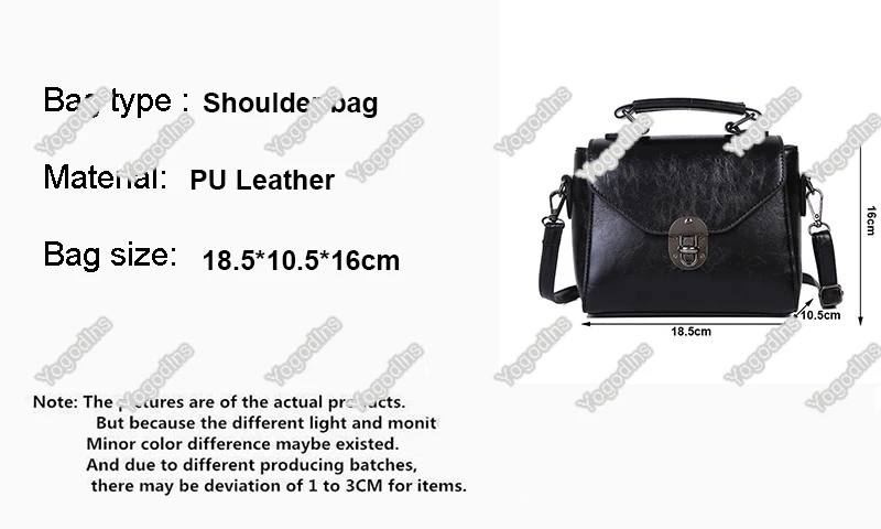 Väike must crossbody kott sangaga, valmistatud PU nahast. Kotil on turvaline sulgur ja kompaktne disain, sobides igapäevaseks kandmiseks. Taustal valge pind koos tootemõõtudega teksti kõrval.