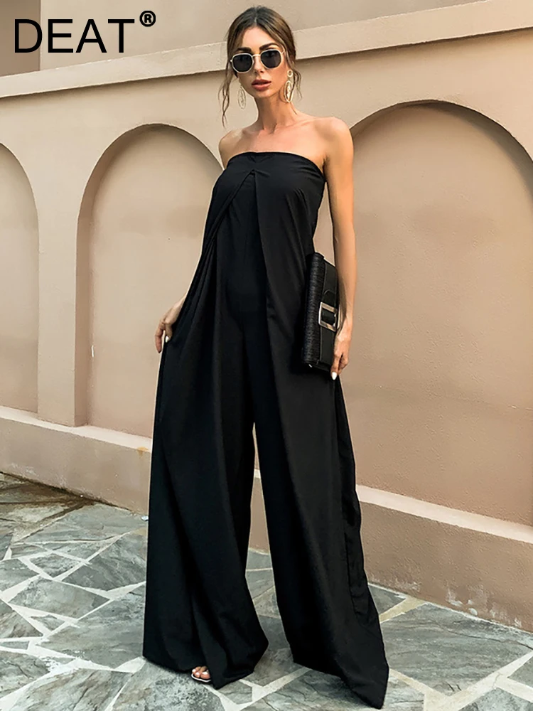 

DEAT Women's Fashion Jumpsuits Strapless Loose Solid Color Backless Pleated Casual Female Playsuits Summer 2023 New 13DB3430