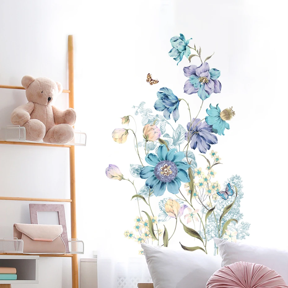 Wandaufkleber Aquarell-Blaue Rosen – Abnehmbarer Vinyl-Deko Für Wohnzimmer, Schlafzimmer Oder Kinderzimmer