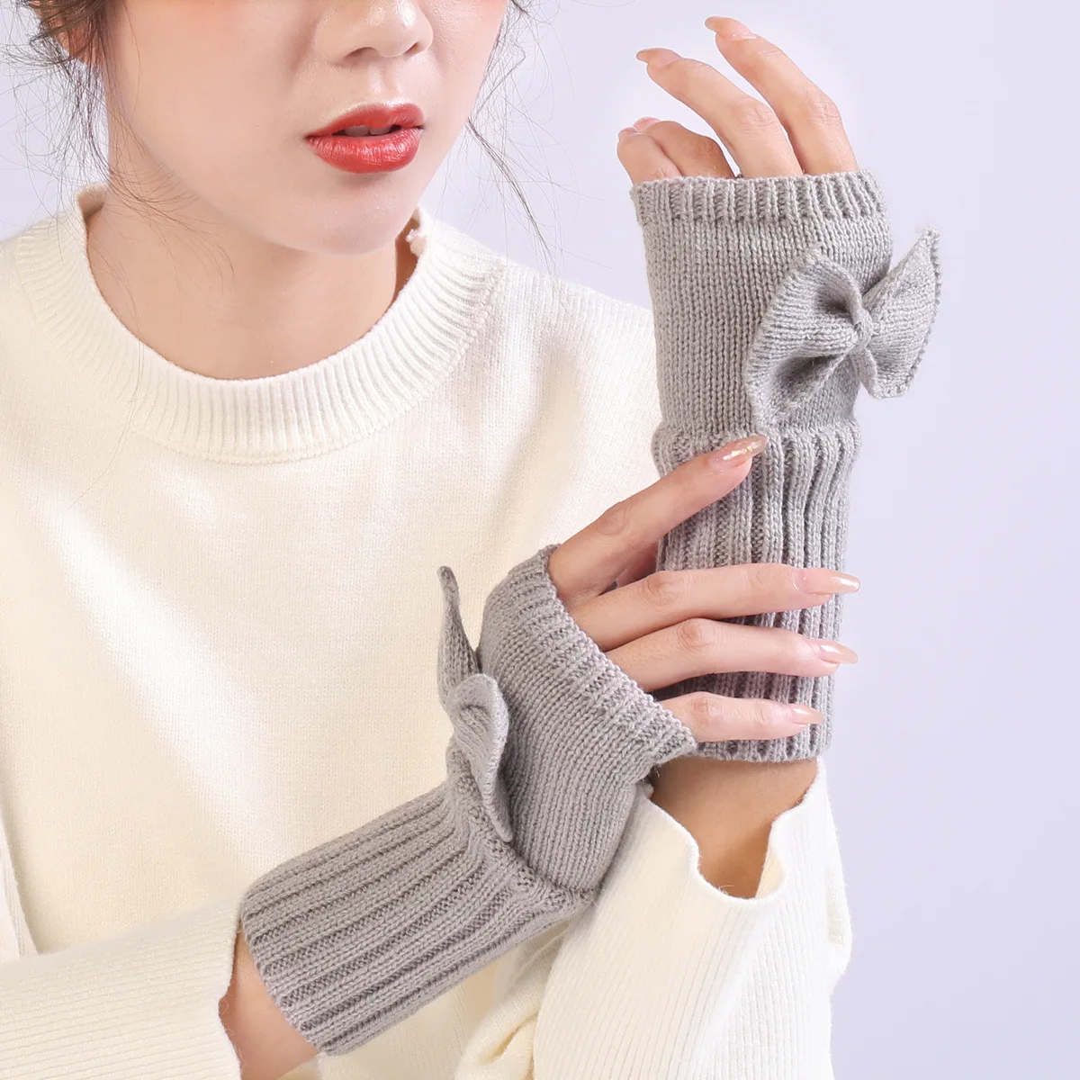 

Winter Half Palm Glove Women Girls Soft Warm Bowknot Knitted Fingerless Wrist Glove Arm Warmer Home Office Autumn Mitten