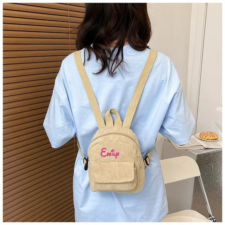 

Custom Name Embroidered Corduroy Women Mini Backpack Fashion Small Backpacks Student Girls Schoolbags Casual Female Travel Bag