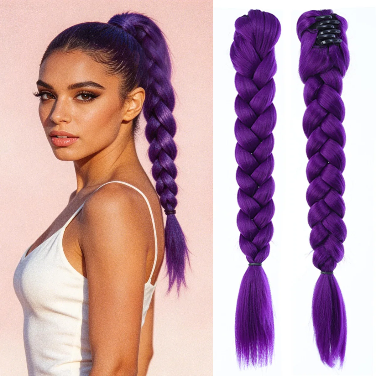 합성 섬유 가발 여성용 K팝 보라색 작은 집게핀 포니테일 가발 땋은 머리 연장..