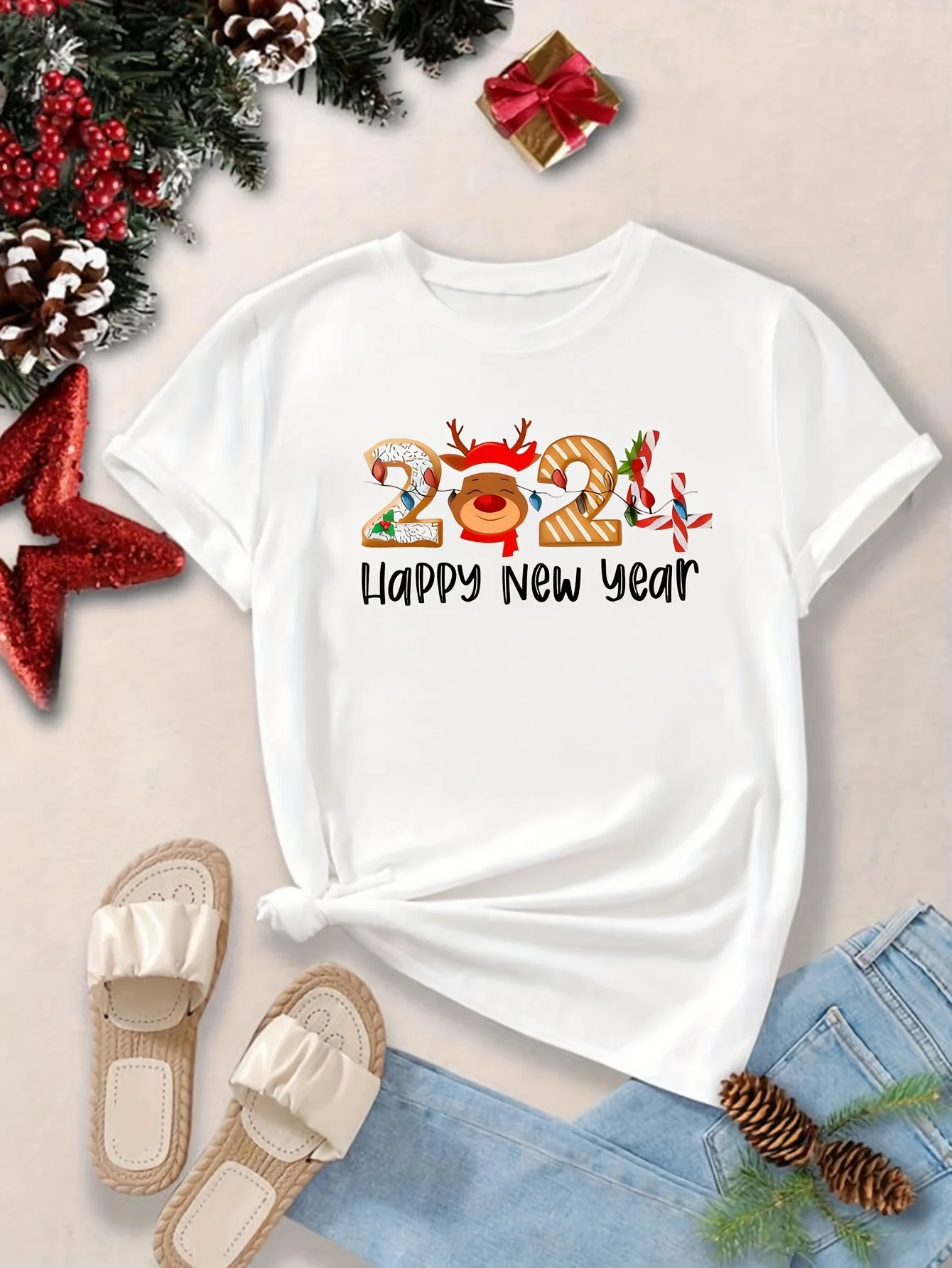 

Happy New Year Print T-Shirt - Women's Casual Crew Neck Short Sleeve Top for Spring & Summer