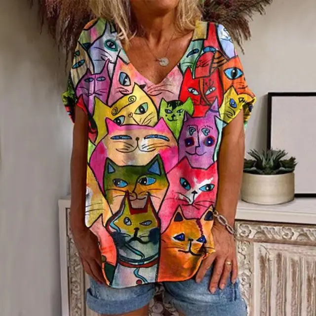 Upgrade your summer wardrobe with the trendy and affordable Summer Casual V-neck T-shirt Womens Cat Print Shirt Top.