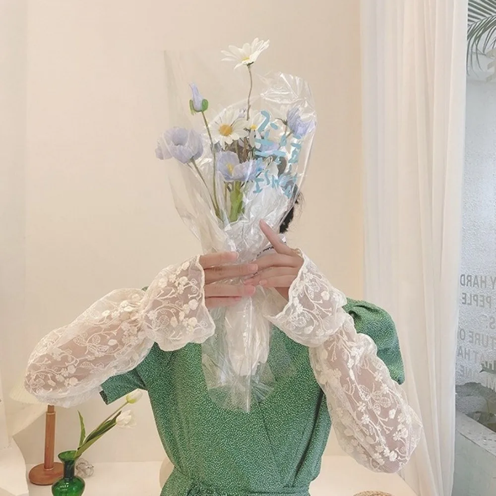 달콤한 탄성 아이스 실크 슬리브 속이 비치는 얇은 자외선 차단 팔토시 꽃무늬 메쉬 햇빛 가리개 커버 여름용