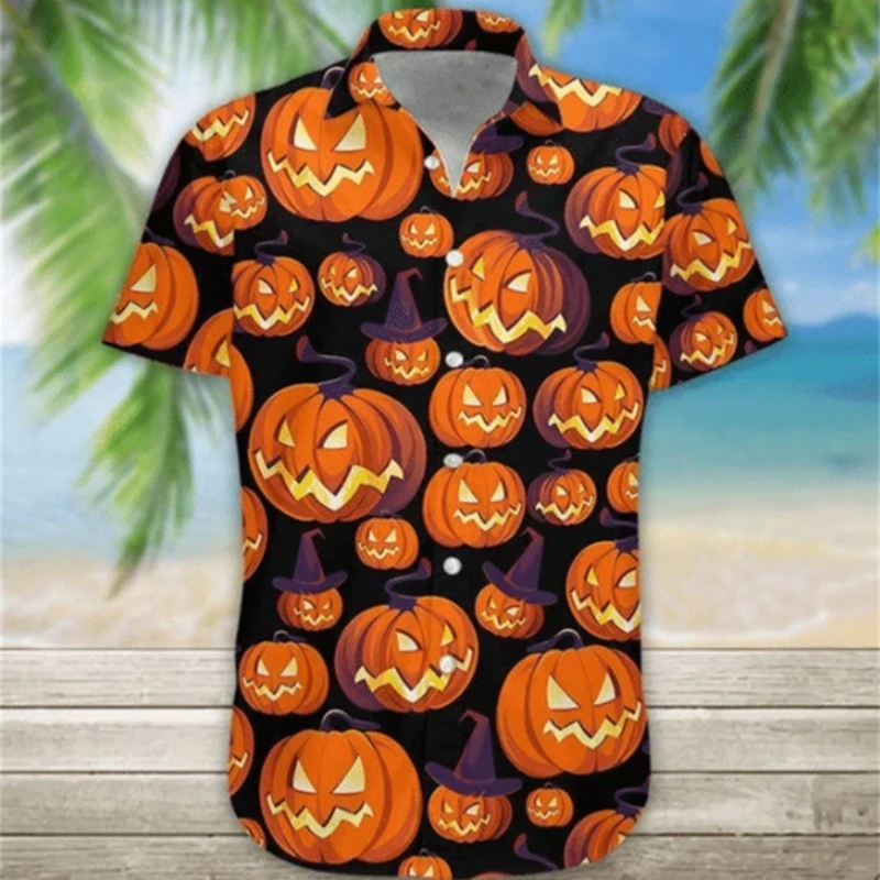 Hawaiian Oversize Halloween Men's Shirt Skull Terror Pumpkin 3D Print Cool Party Hop Clothing Beach Holiday Short Sleeve Summer