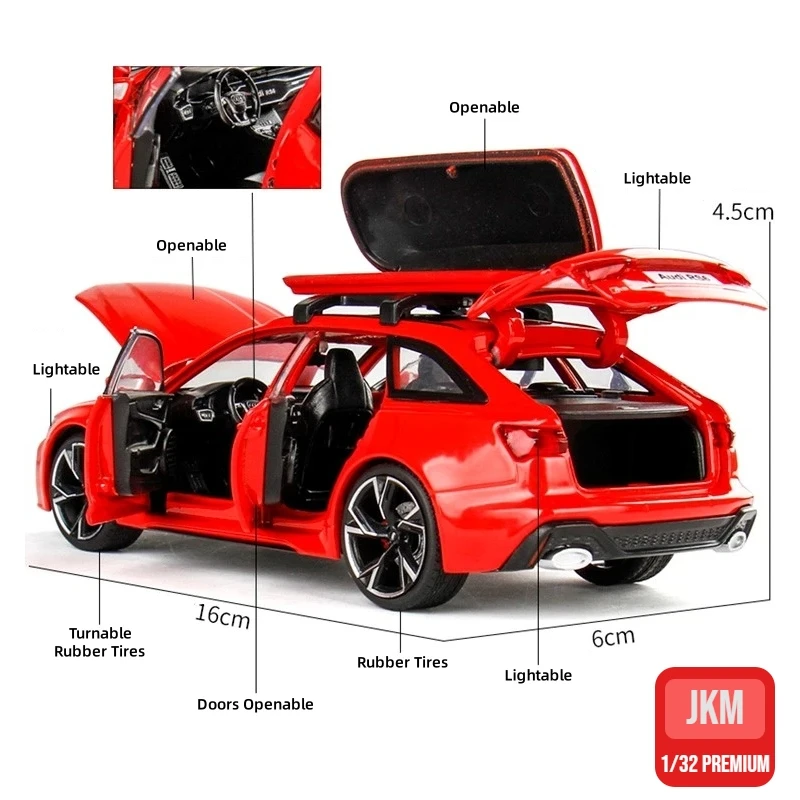 1/32 Audi RS6 Miniature Diecast Toy Car Model Sound & Light Doors Openable Educational Collection Gift for Children Boy Kid 3