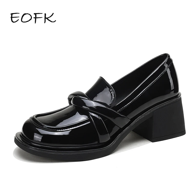 EOFK Women Pumps Loafers Shoes Square Heel Lacquared Concise Office