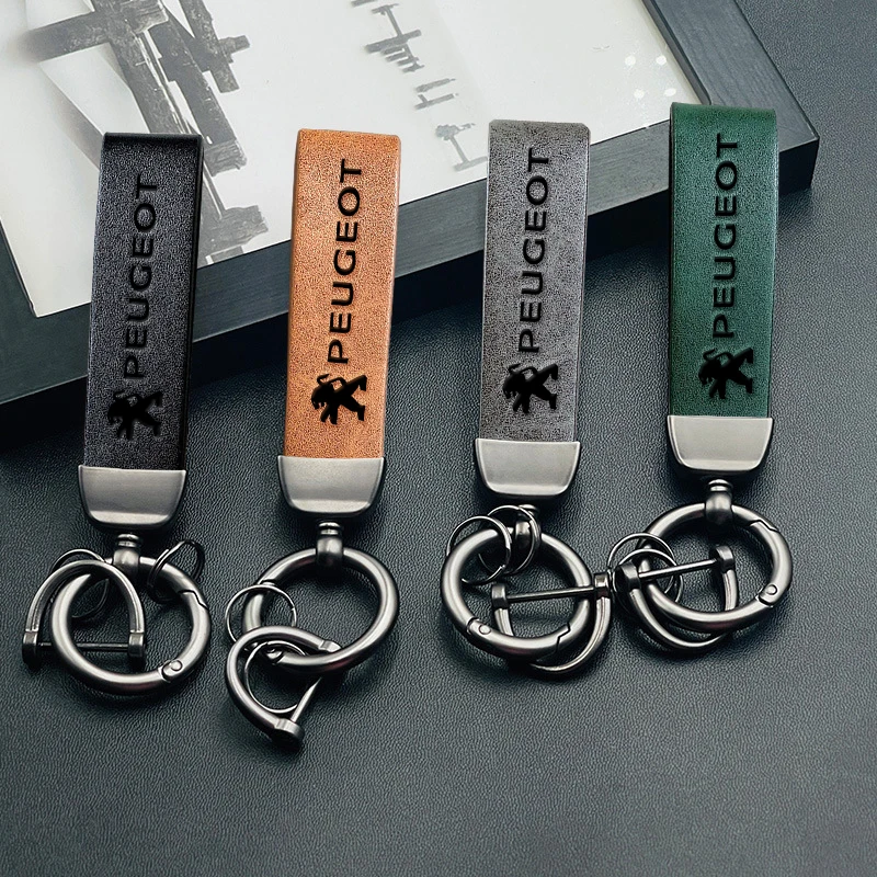 Car Keychain Vintage Leather Key Ring for Peugeot
