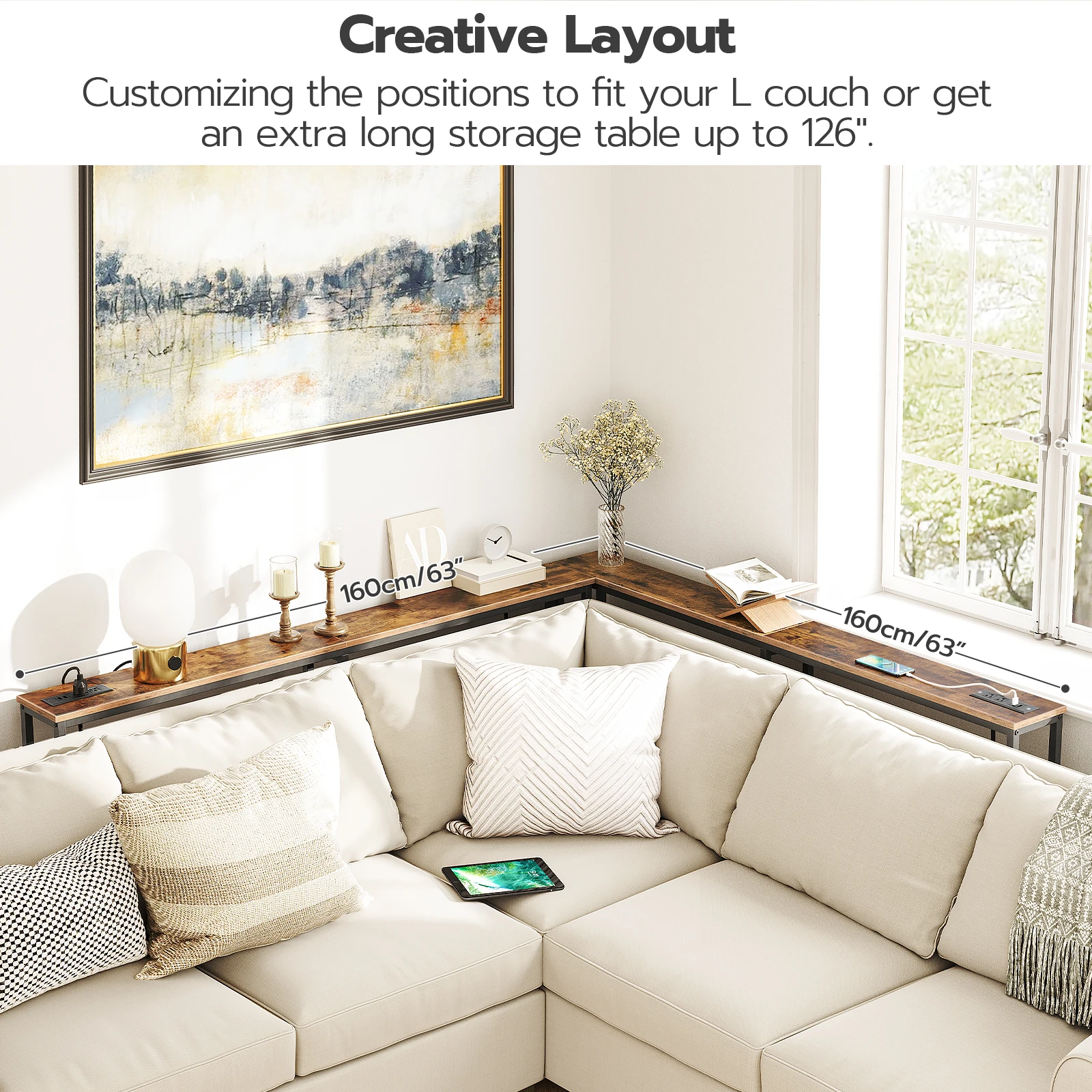 5.9" Skinny Console Table with Charging Station 63" Narrow Console Table with Power Outlets Long and Thin Sofa Slim