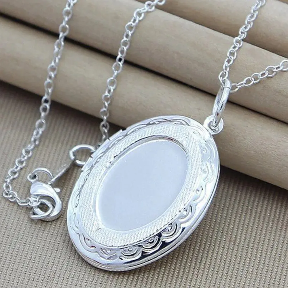 

CHUANGCHENG 925 Sterling Silver Oval Round Photo Frame Pendant Chain Necklace Jewelry