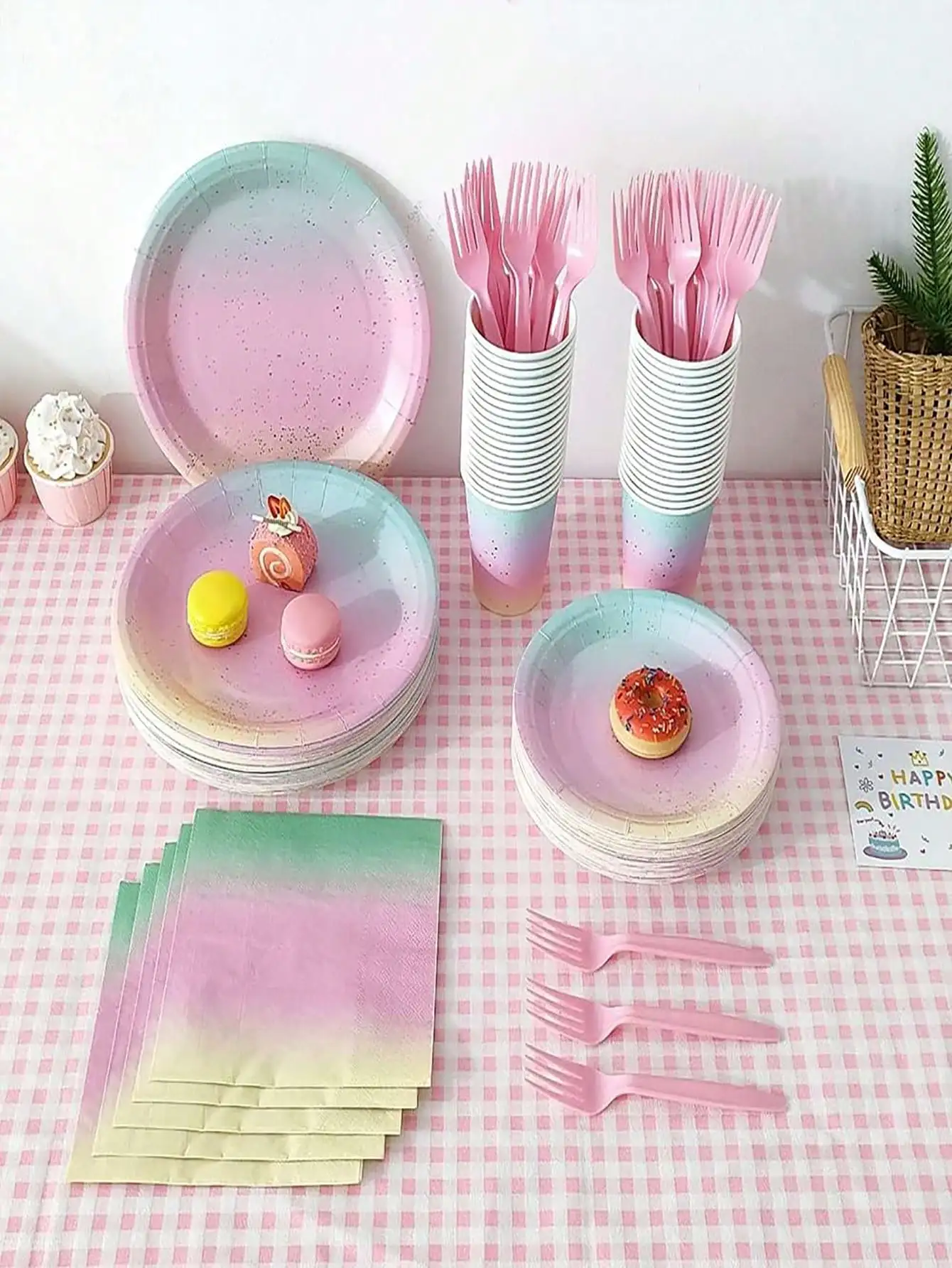 Rainbow Pastel Party Tableware Set Disposable Paper Plate Napkin Cup Fork Tableware for Birthday Party Christening Wedding party supplies birthday party supplies birthday tableware set disposable napkins