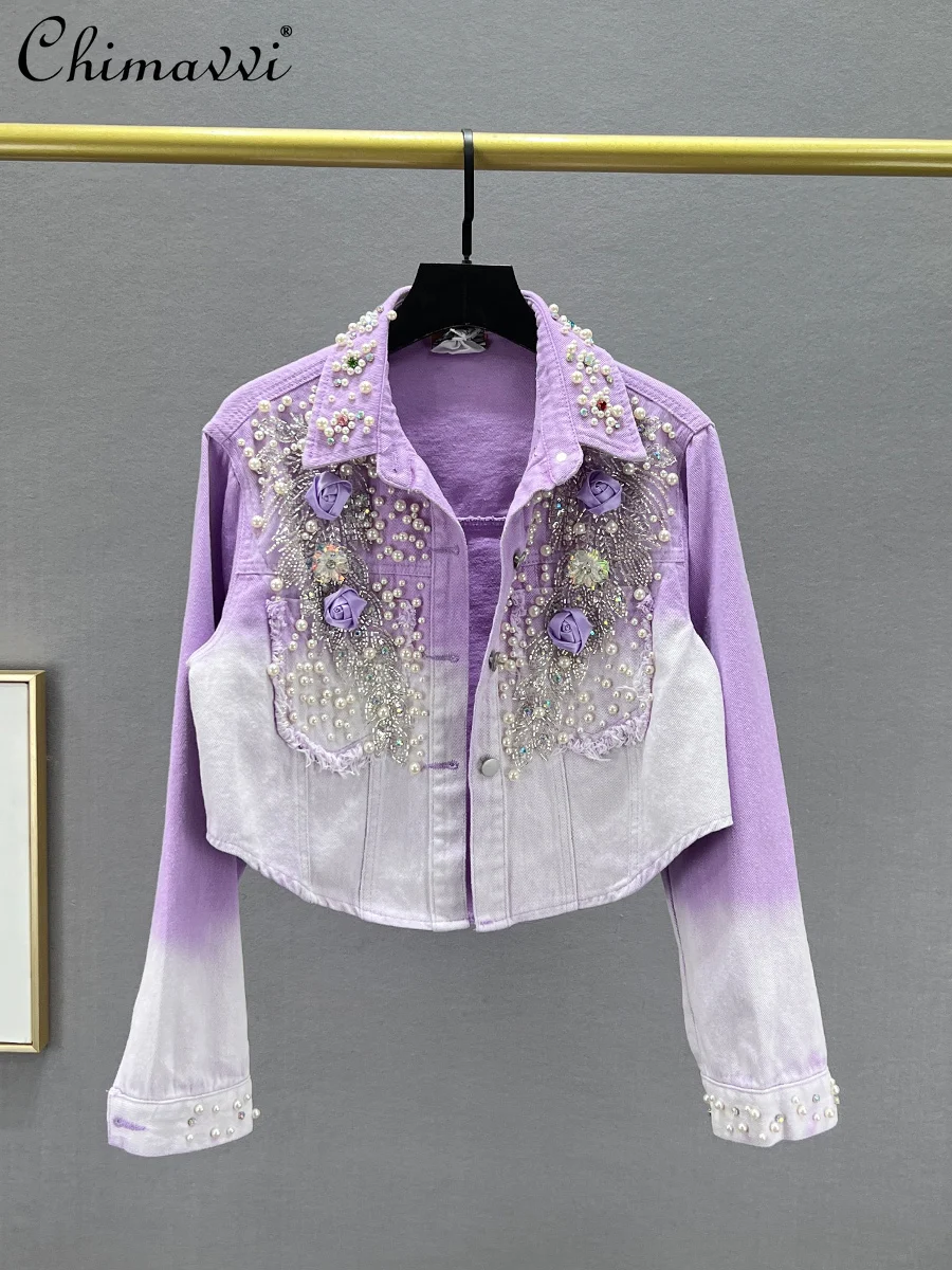 

Европейские товары, короткие милые джинсовые куртки для женщин, весна-осень 2024, свободные стройнящие куртки для тяжелой промышленности с бусинами и бриллиантами