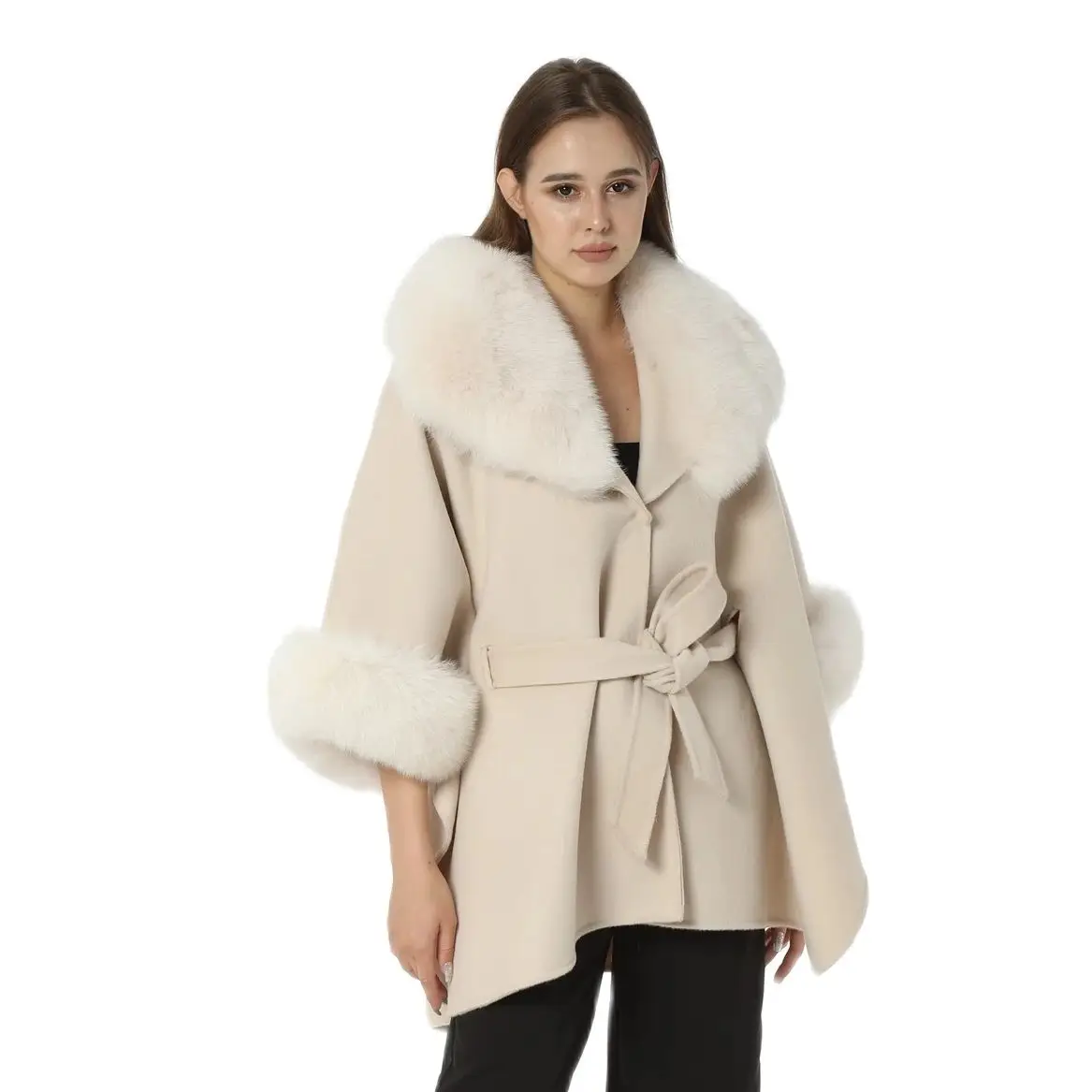 Shawl With Real Natural Fox Fur Collar And Hood Half Sleeve Cuffs With Belt 220614 Furry 2023 New 100%Wool Belt Women Outerwear