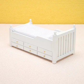 1:12 인형집 미니어처 침대, 흰색, 유럽식 싱글 침대, 서랍 포함, 침실 가구 모델 장식, 장난감 인형 집 액세서리