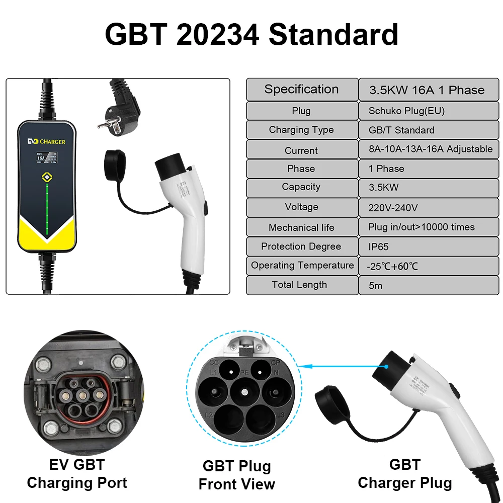 Car Battery Charger Teschev 110V 230V GBT EV Charger Electric Vehicle Charger Level 2 EVSE Charging Cable Wallbox Type 2 16A