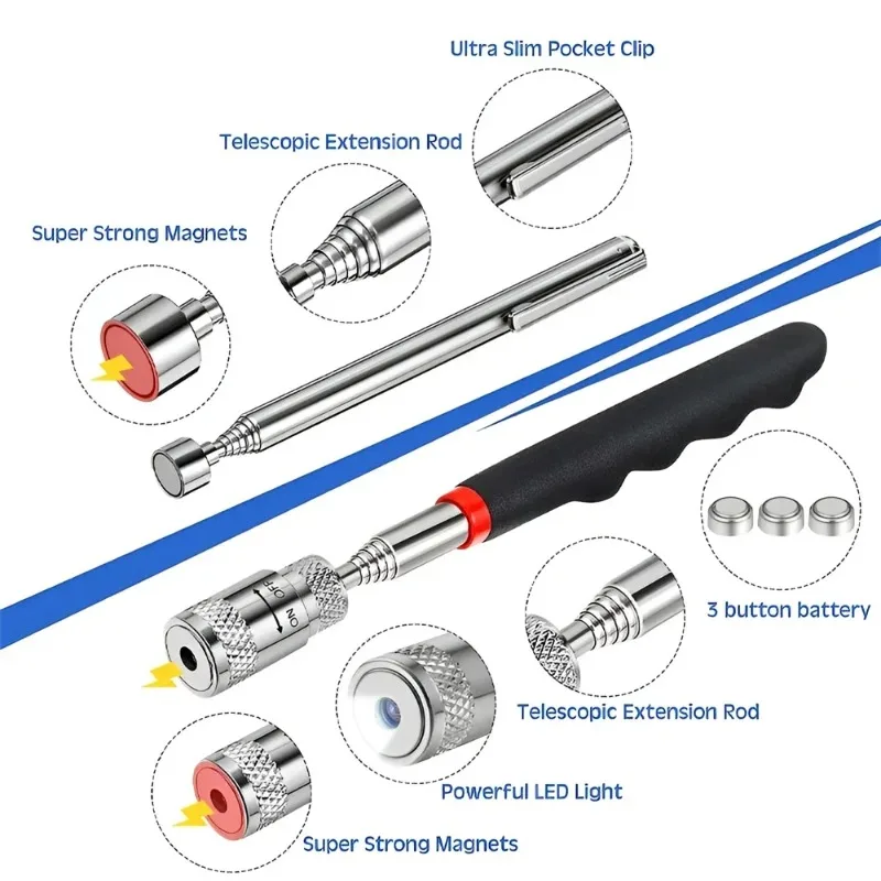 Telescopic Magnetic Pickup Pen with LED Light - Extendable Retrieval Tool for Nuts/Bolts, Portable EDC Metal Parts Grabber